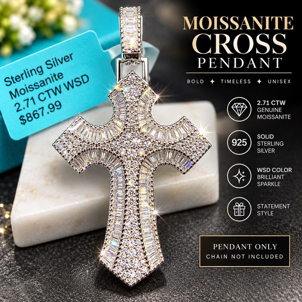 NWT 2.71 CTW Moissanite Cross Pendant 925 Sterling Silver Baguette Iced Out RARE